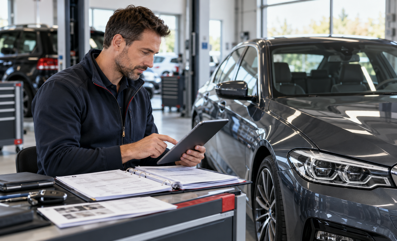 Stručnjak proverava dokumentaciju vozila pored automobila