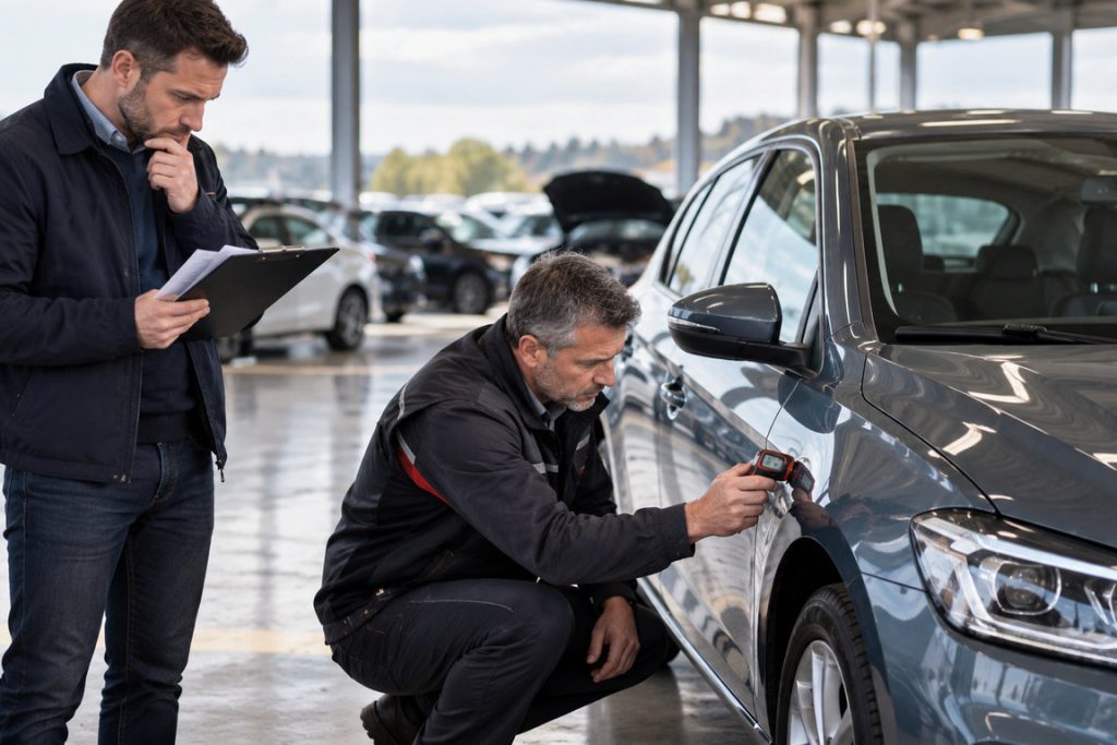 Stručnjak proverava karoseriju polovnog automobila pre kupovine